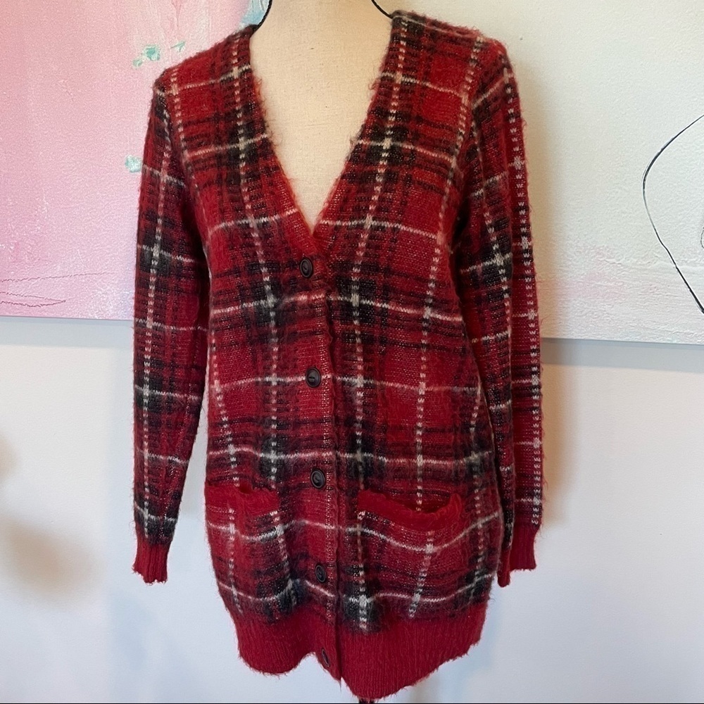 Ralph Lauren Denim Supply Plaid Boyfriend Cardigan Sweater Red Sz S Mohair Wool